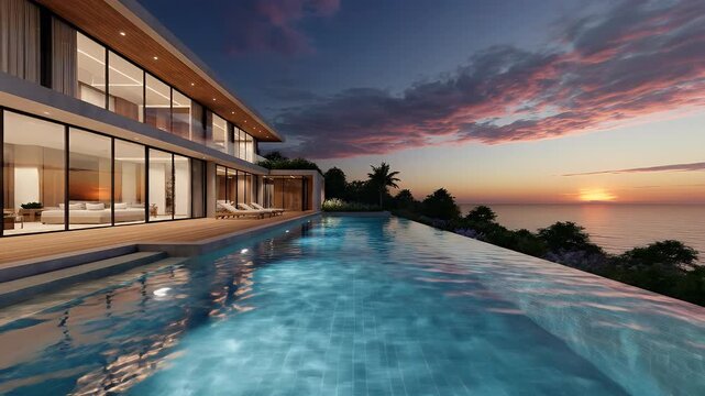 Modern villa with infinity pool overlooking ocean at sunset