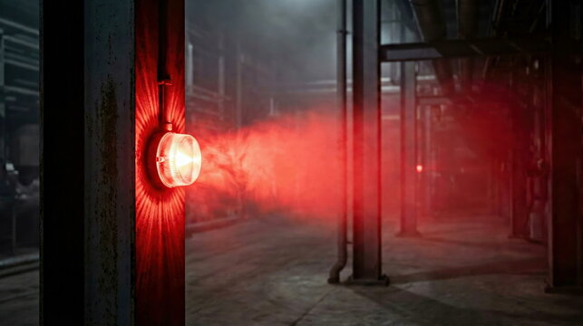 A bright red alarm light flashes in a dark, smoky industrial setting, signaling imminent danger, emergency, or a critical system failure.