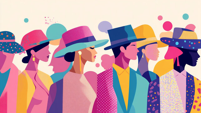 Modern Kentucky Derby scene with fashionable outfits and statement hats. Minimal shapes and clean background highlight the style. Ideal for editorial and lifestyle projects