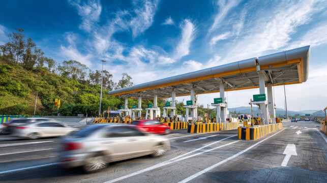 Front facing view of modern toll plaza with multiple open lanes, cars passing, blue sky, daytime