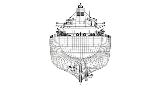 Detailed Wireframe Blueprint of a Large Cargo Ship Hull Design.