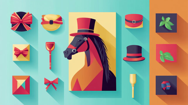 Festive Kentucky Derby icons in a clean and simple style. Bright colors and clear shapes make the image versatile. For seasonal and event designs