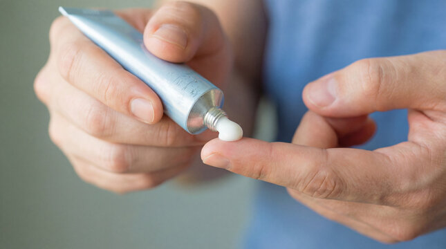 Close up of person squeezing topical cream from metal tube onto fingertip for skincare and treatment.