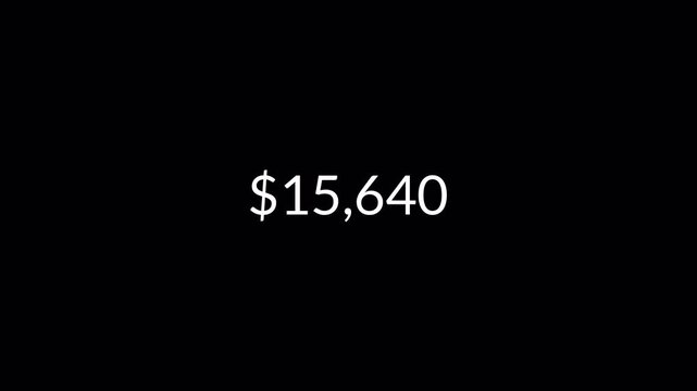 dollar counter animation from 0 to 25,000 on a black background. dollar calculating from zero to twenty fife thousand showing financial growth.