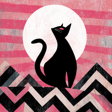 Abstract composition of a black cat and moon in monoprint style. Bold zigzag blocks and minimalist geometric shapes create a mysterious, otherworldly mood