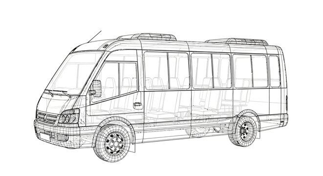 Detailed Wireframe Blueprint of a Modern Minibus for Public Transport.
