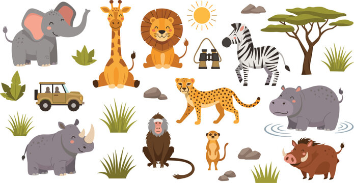 Hand-drawn Safari Animals with Elephants, Lions, Giraffes, Zebras, Rhinos, and Monkeys for African Wildlife and Adventure Illustrations