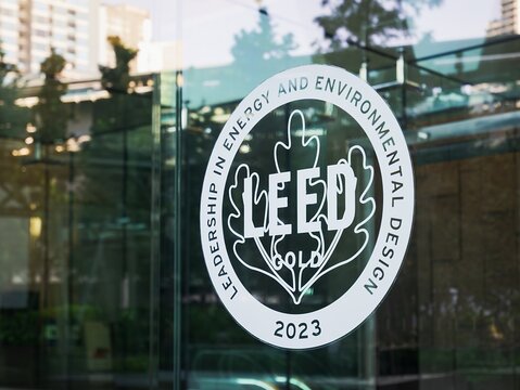 LEED Gold level certification sign Green building Leadership in Energy and Environmental Design sustainability : Bangkok, Thailand - Mar 27, 2026 