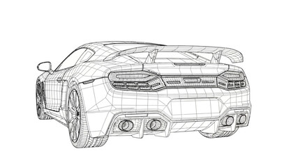 Fototapeta premium Detailed Wireframe Drawing of a High Performance Sports Car Rear View.