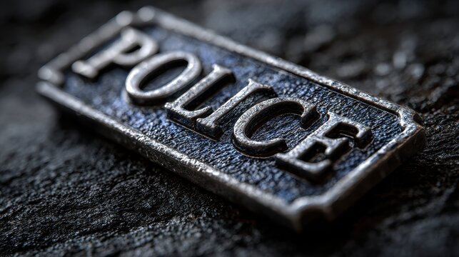 Macro close-up of a metallic police badge showing the POLICE inscription and textured steel surface
