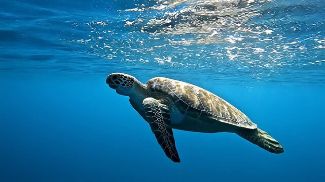 Sea turtle gliding gracefully through clear blue ocean water, showcasing its shell patterns and flippers in a serene underwater environment