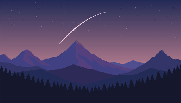 Majestic mountain peaks under starry twilight sky with a shooting star streaking across, vibrant purple and pink hues, minimalist silhouette of pine forest in foreground, serene evening landscape, ast