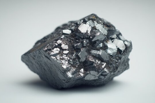 Macro photograph of magnetite iron ore mineral specimen with metallic luster on a neutral background