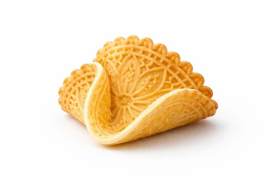 lemon pizzelle crispy round italian waffle cookie folded open fan shape delicate lace pattern pale golden edges isolated white background