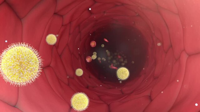 Drug molecules are transported throughout the body along with blood flow, red blood cells erythrocytes blood vessels or veins or artery, Immune response and tumor antigens, 3D medical animation. 