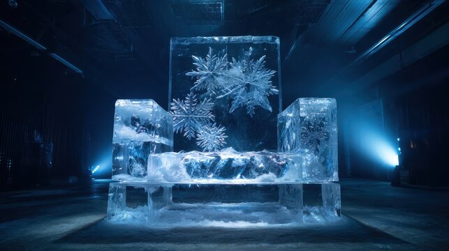 Majestic ice throne featuring prominent snowflake motifs in the center and sides, set in a midnight high-contrast scene