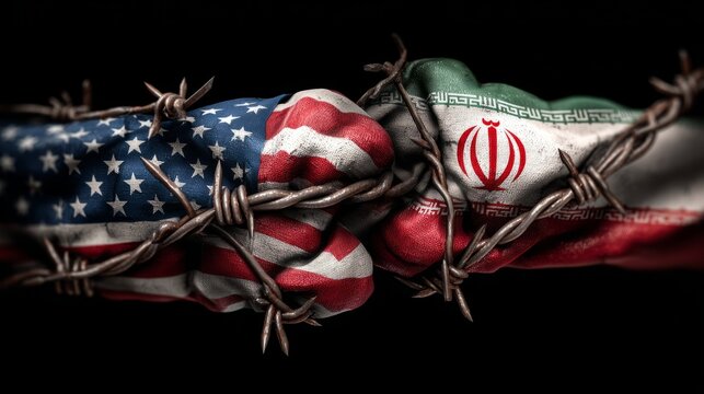 US Iran flags bound by barbed wire conflict tension