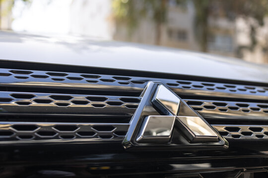 Mitsubishi car front grille emblem close up detail. 20 Feb 2026. Ramat-Gan, Israel