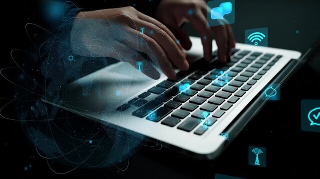 Close-up view of hands typing on a laptop keyboard, surrounded by glowing digital icons that symbolize technology and modern communication concepts. Xenic