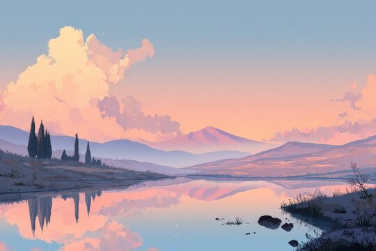 Minimalist anime landscape art with gentle skies, calm water, and serene trees in pastel tones