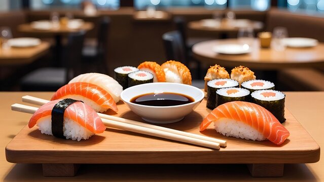 Assorted fresh sushi and maki rolls served on a wooden board in a