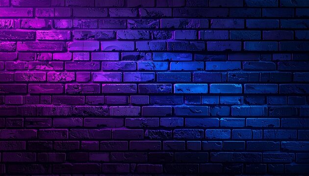 Neon gradient brick wall background with purple and blue lighting, textured surface, moody atmosphere, urban style, vibrant illumination backdrop