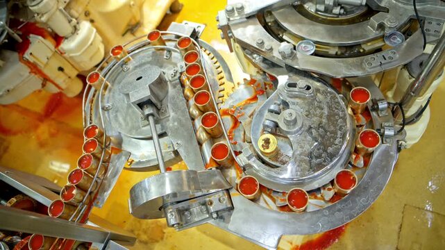 The sauce filling point into cans is one step in the process and production line of a canned fish factory