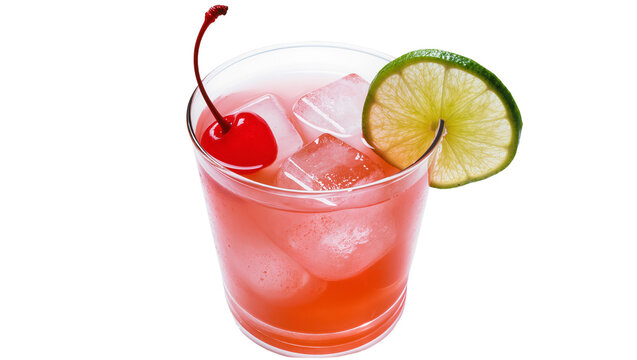 Red cocktail with ice cubes cherry and lime slice, isolated on transparent background