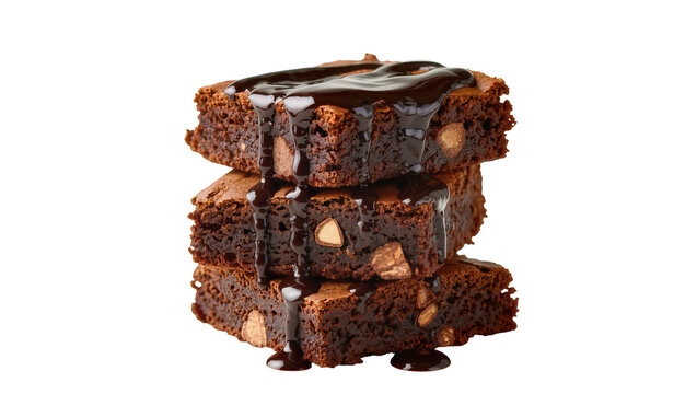 Stack of three rich chocolate brownies with nuts and chocolate syrup, isolated on transparent background