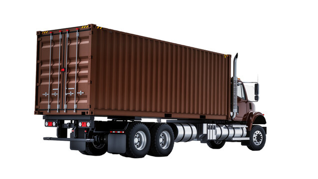 Brown cargo shipping container truck with multiple wheels, isolated on transparent background