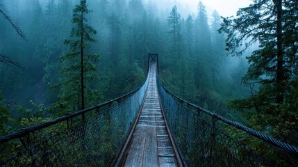 Fototapeta premium Misty Hanging Bridge Hidden in Dense Fog Among Tall Pines