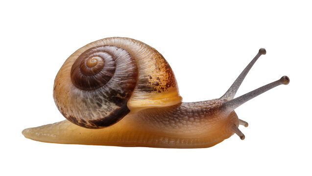 Brown spiral shell snail with antennae extended, isolated on transparent background