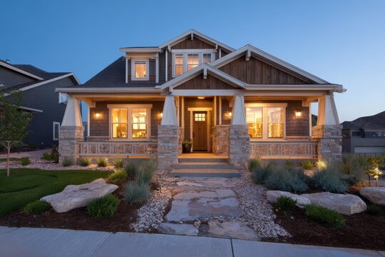 Modern craftsman exterior with wood siding, stone accents, and inviting front porch