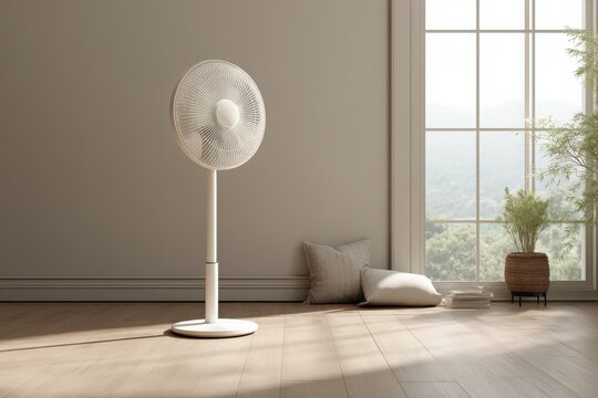 Modern standing electric fan in a bright living room with ample blank wall space for text