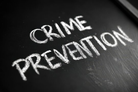 Monochrome chalkboard scene with bold crime prevention handwriting