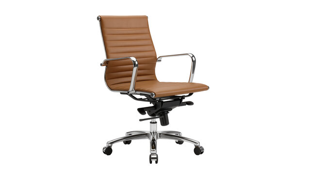 Brown leather ribbed office chair with chrome arms, isolated on transparent background