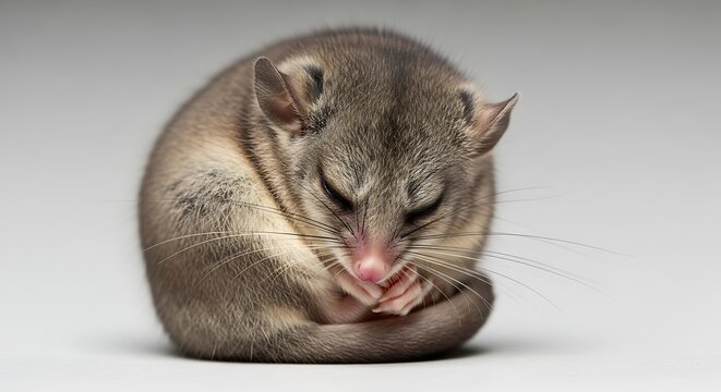 Close-up of a sleeping opossum curled up on a white background.