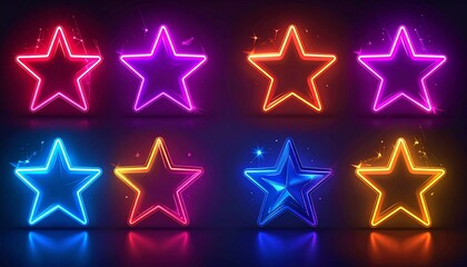 Obraz premium Set of glowing neon star outlines in multiple colors, isolated on dark background, vibrant light shapes, modern abstract design composition