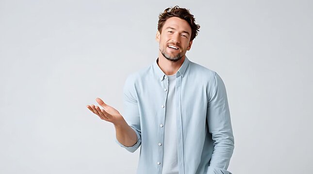 Smiling man gesturing in casual outfit against neutral background