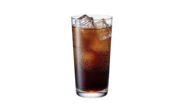 Tall glass of dark cola with ice cubes condensation droplets, isolated on transparent background