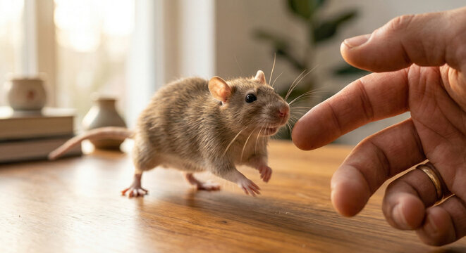 Playful Close-up of a Cute Pet Rat Running Towards a Human Hand on a Wooden Table in Warm Lighting