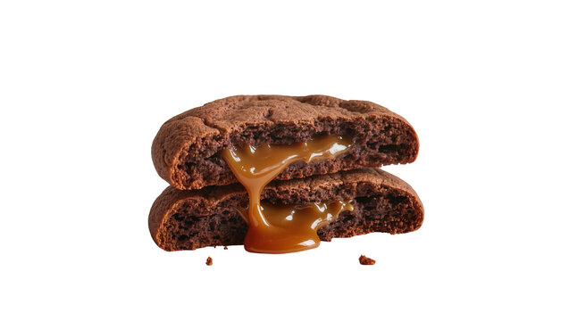 Rich chocolate cookies with gooey caramel filling, isolated on transparent background