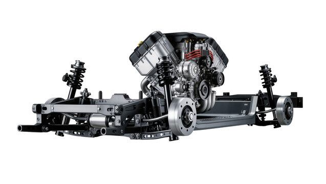 Automotive chassis with engine suspension and wheels, isolated on transparent background