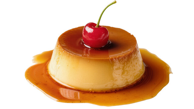 Caramel custard dessert with red cherry topping, isolated on transparent background