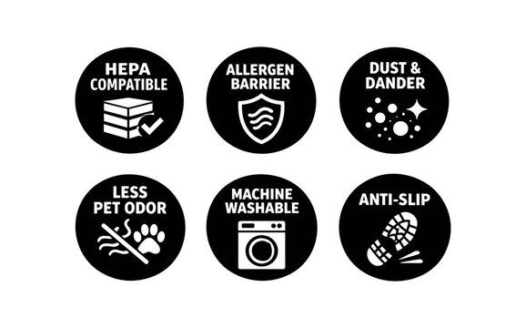 Household care icon set. hepa compatible, allergen barrier, dust and dander, less pet odor, machine washable, anti-slip. cleaning, laundry, pet care, safety, home product badges