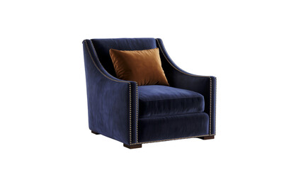 Deep blue velvet armchair with brass studs and brown pillow, isolated on transparent background
