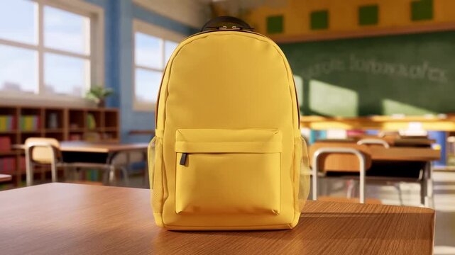 Yellow school backpack with a classic, minimalist design with a spacious main compartment and a front zippered pocket. yellow school backpack on Kindergarten desk with chairs in the classroom.