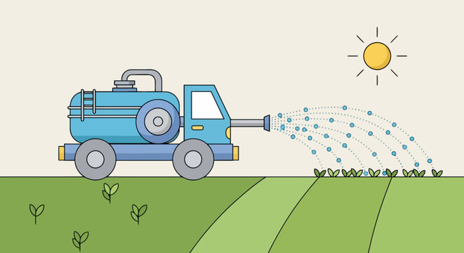 A blue vehicle with a water tank sprays fields of crops under a yellow sun