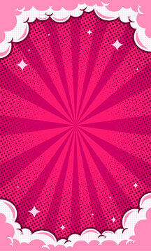 Comic pink magazine background template with cloud frame