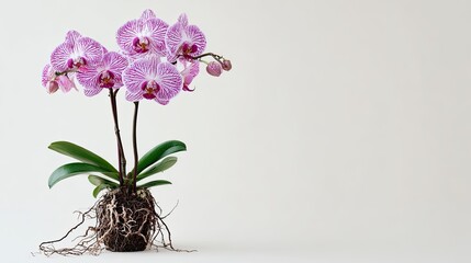 High-quality photograph of an orchid with roots, on a white background, high resolution, ultra-realistic photography